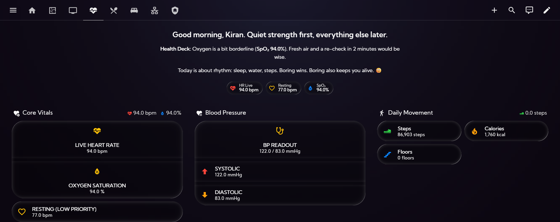 Health deck (HR/SpO₂/BP)