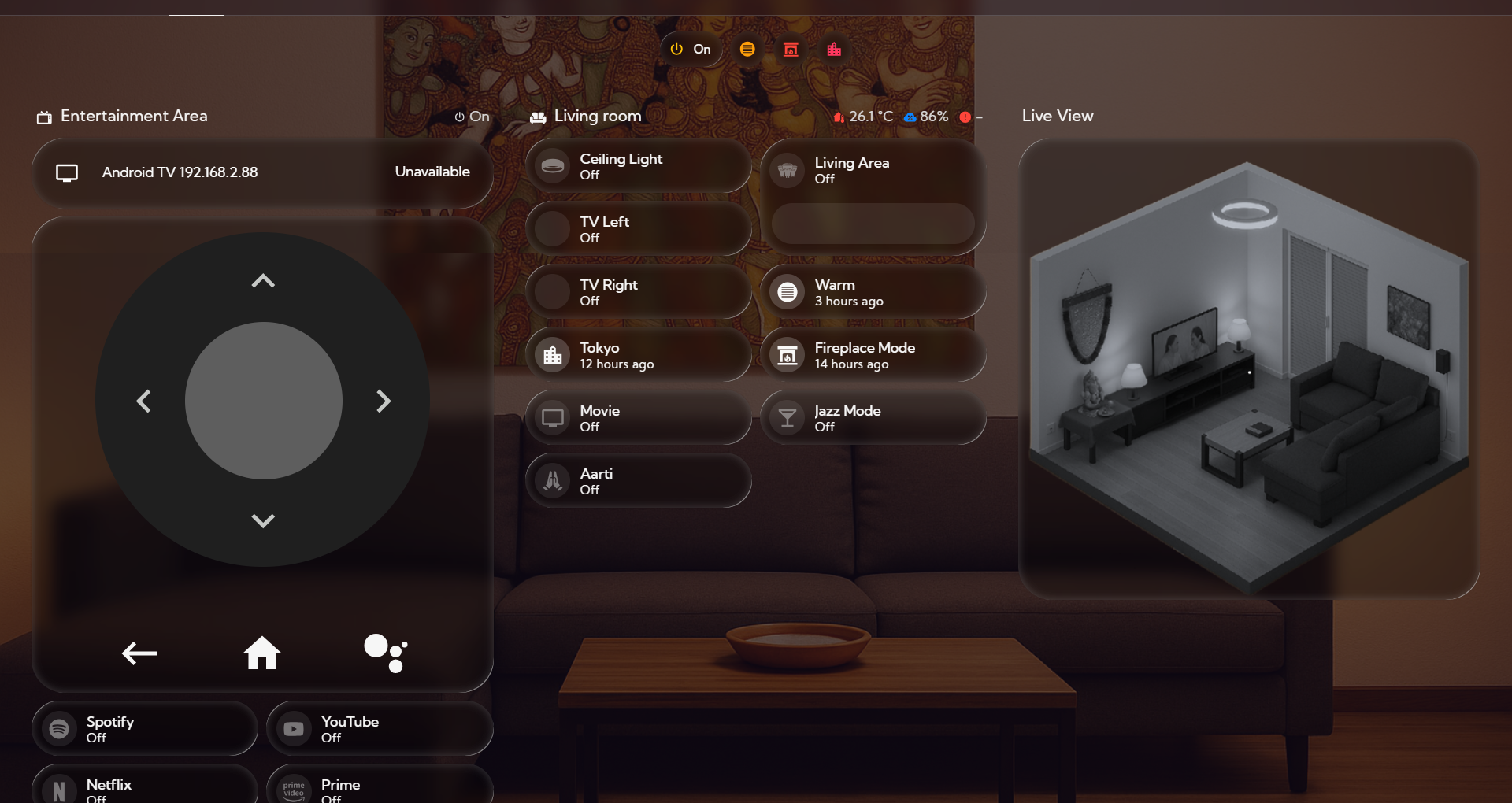Living Room view (Entertainment + scenes)