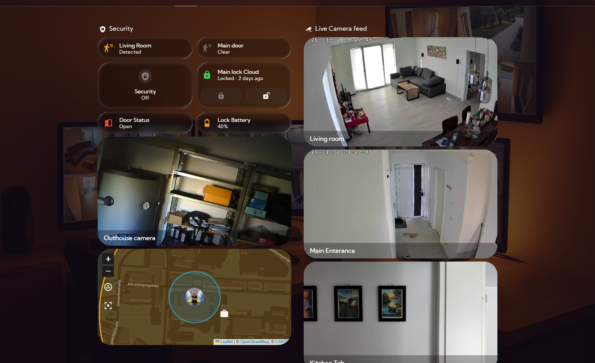 Security view (cameras + lock + armed state)